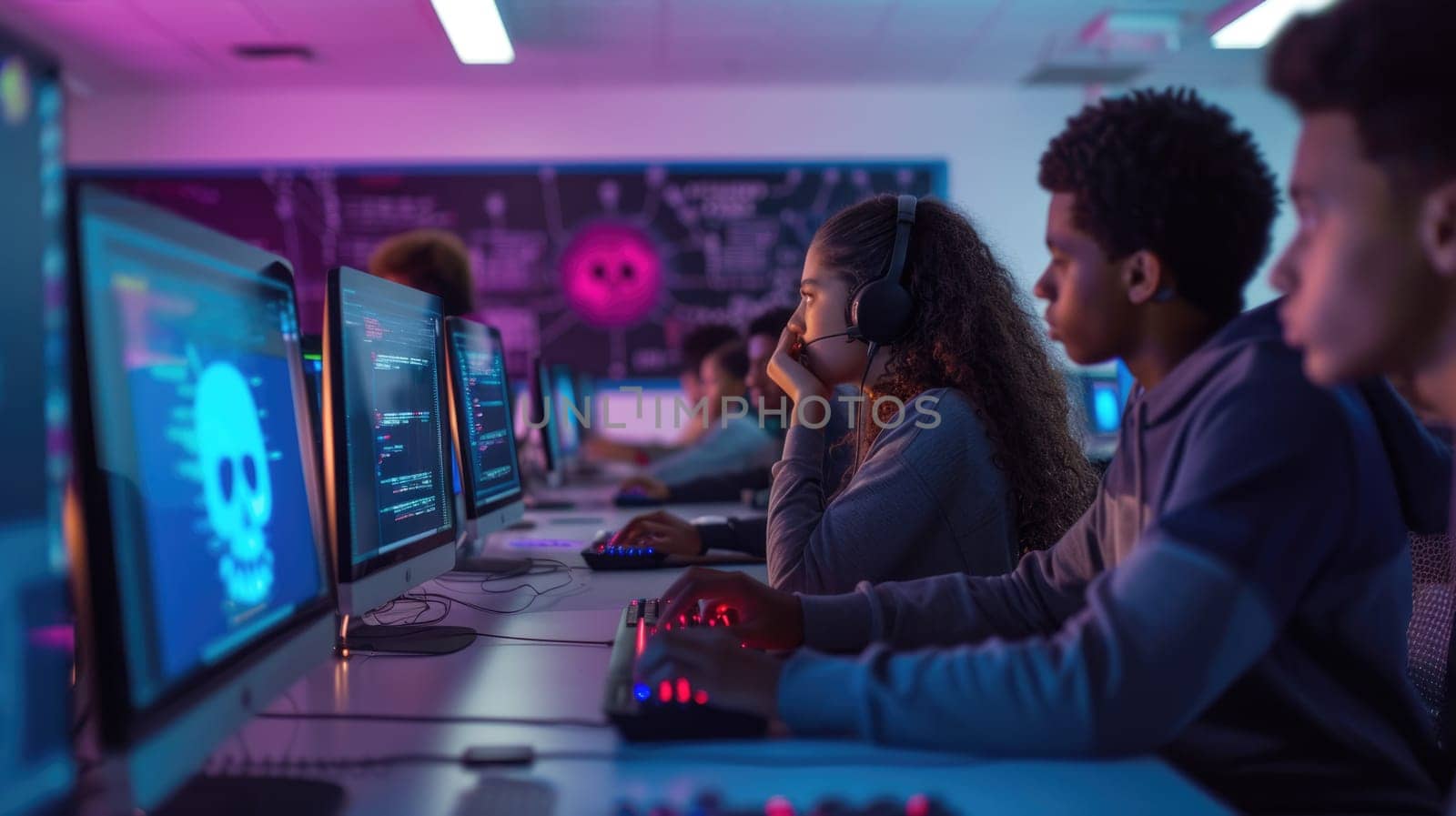 A group of people are sitting in front of computer monitors in a computer lab AIG41 by biancoblue