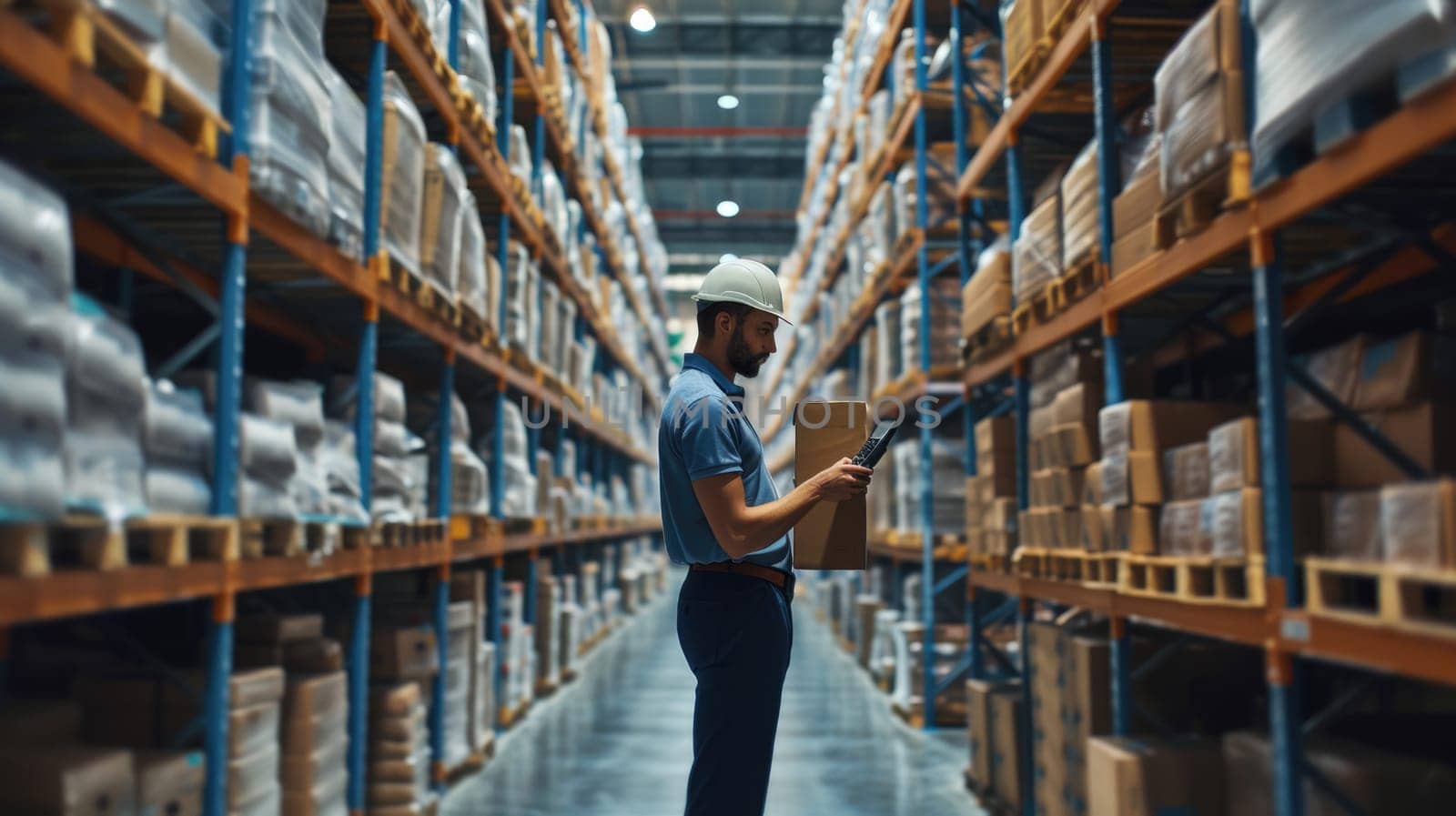 A man is standing in a warehouse looking at a tablet AIG41 by biancoblue