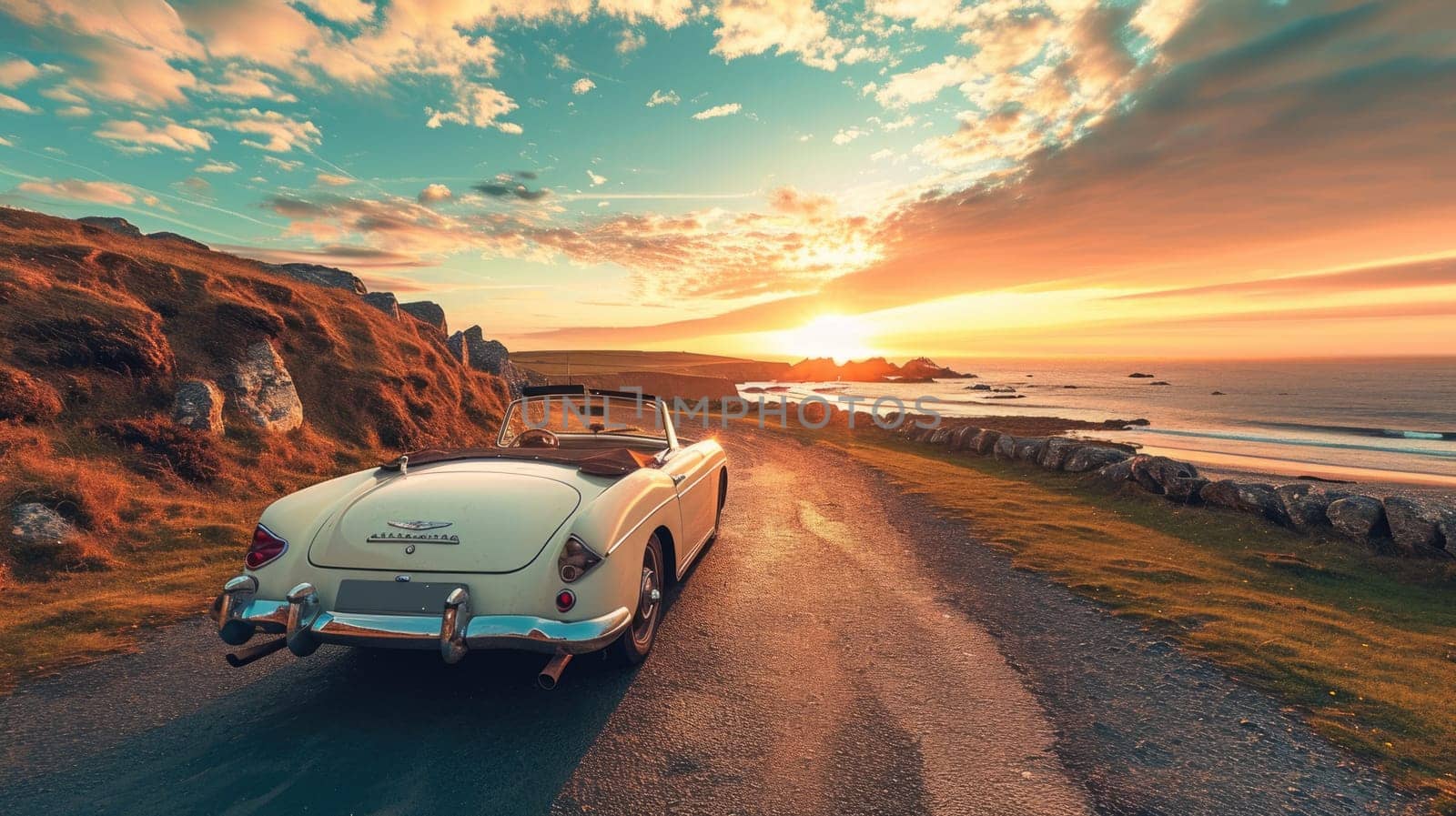 A vintage car parked on a winding coastal road overlooking the ocean, with a stunning sunset in the background creating a nostalgic scene. Resplendent.