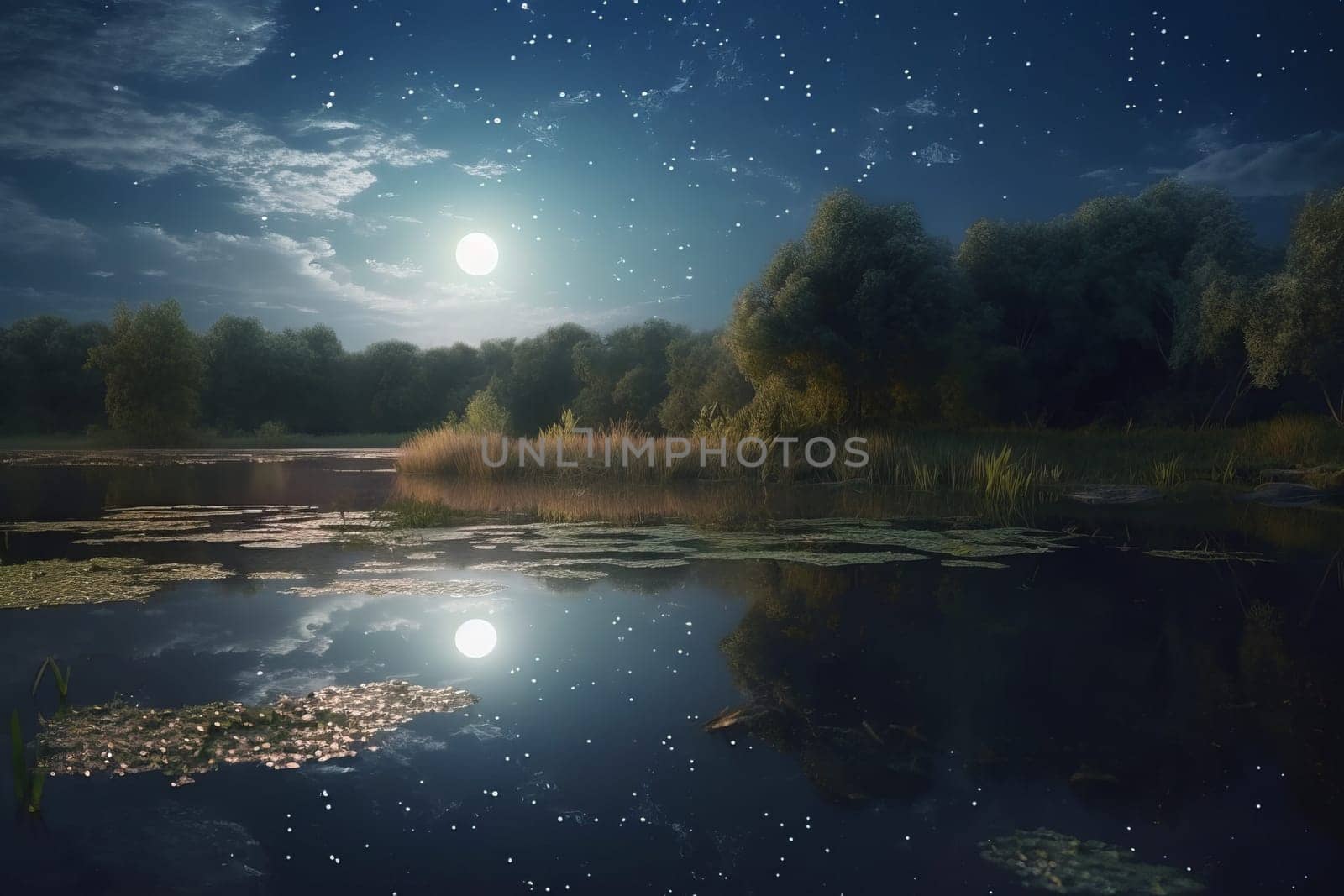 Magical pond of stars. Lake moon star. Generate Ai