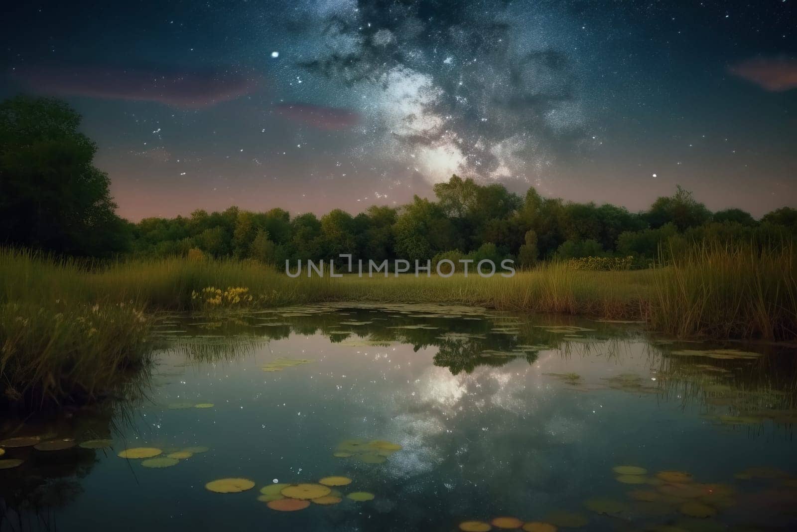 Magical stars over lake. Generate Ai by ylivdesign