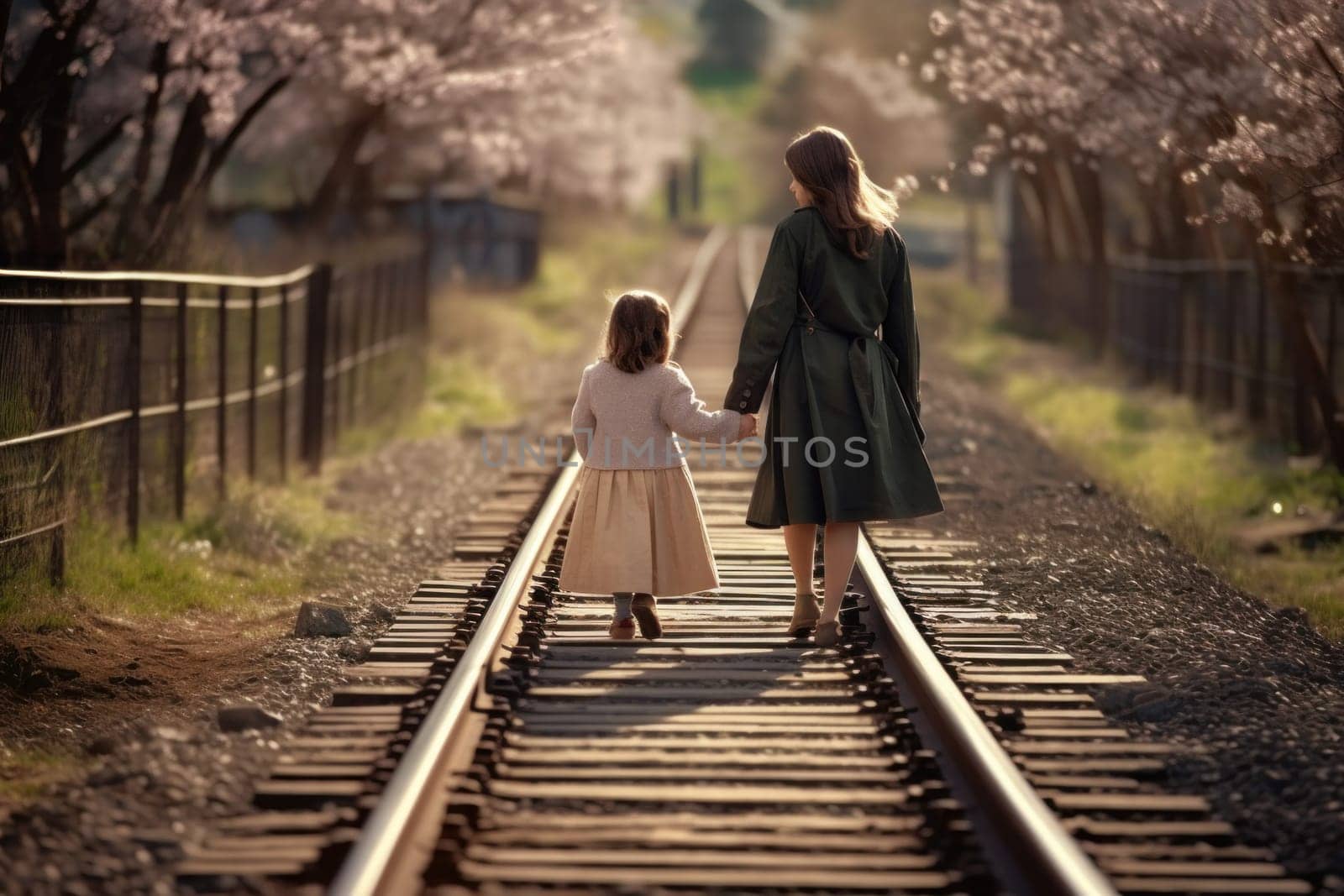 Mother and girl near rail station. Holiday train. Fictional person. Generate Ai