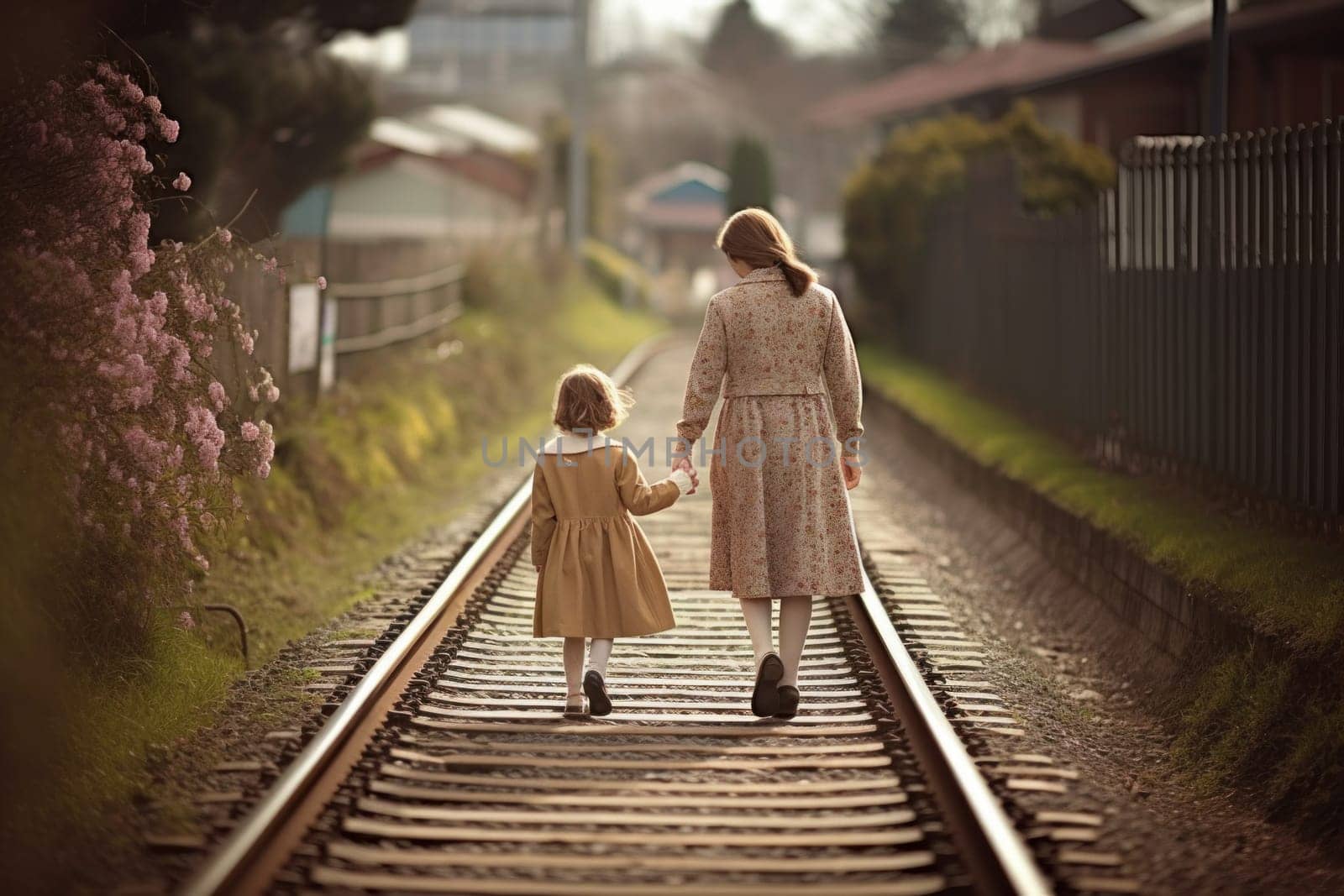 Mother and girl walk on rails. Generate Ai by ylivdesign