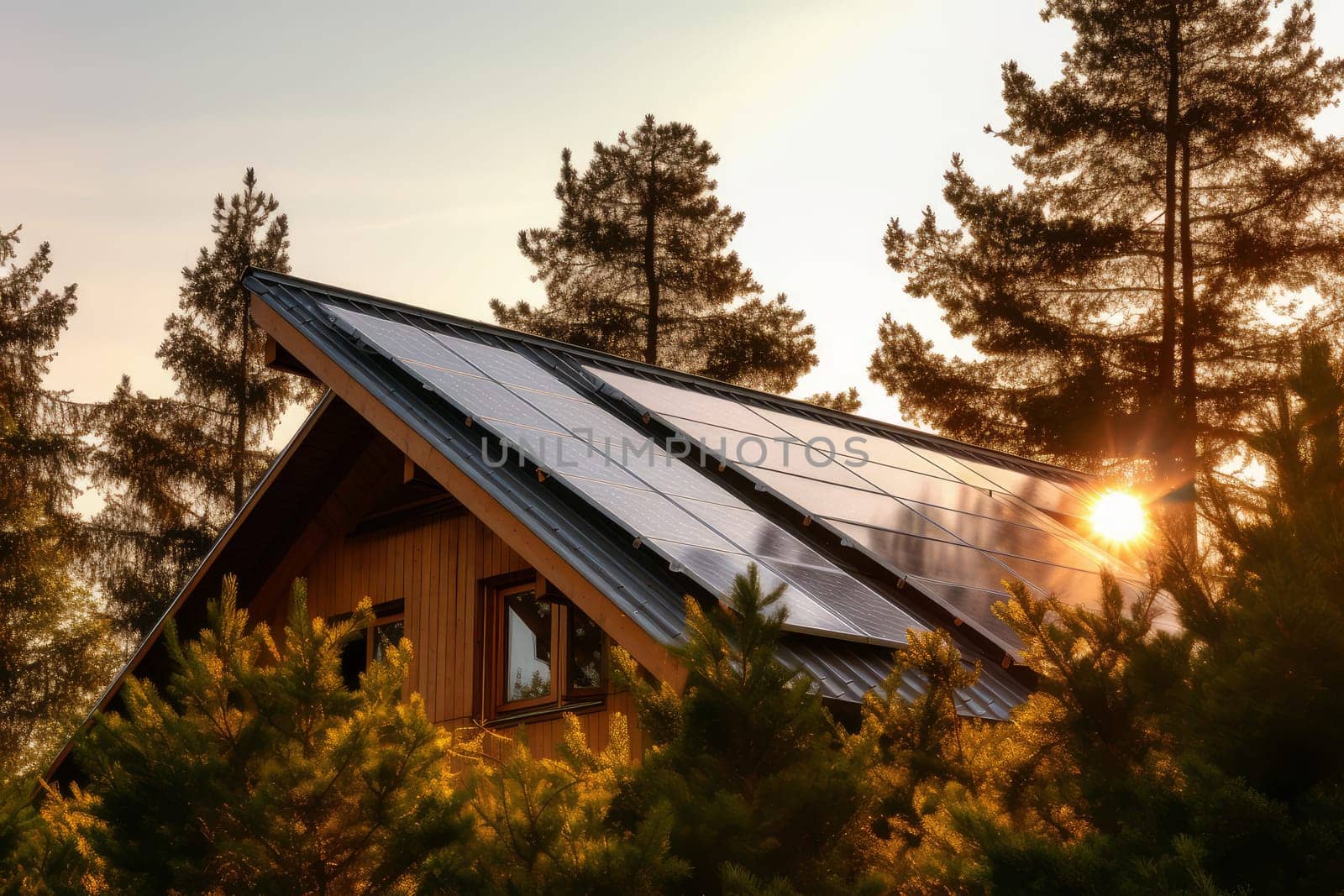 Solar panel house. Eco energy. Generate Ai