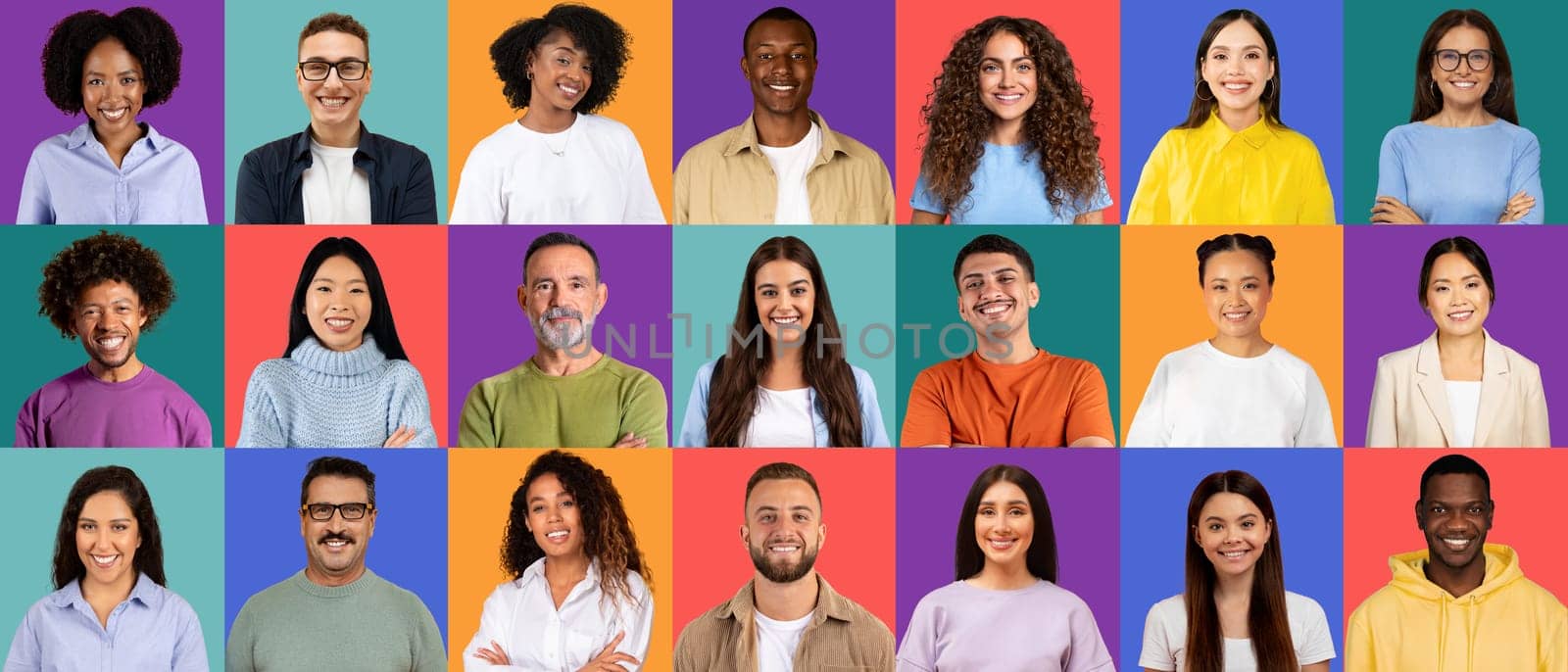 A vibrant collage of men and women from diverse ethnic backgrounds, each smiling and posing confidently in front of a colorful backdrop, exuding positivity and approachability