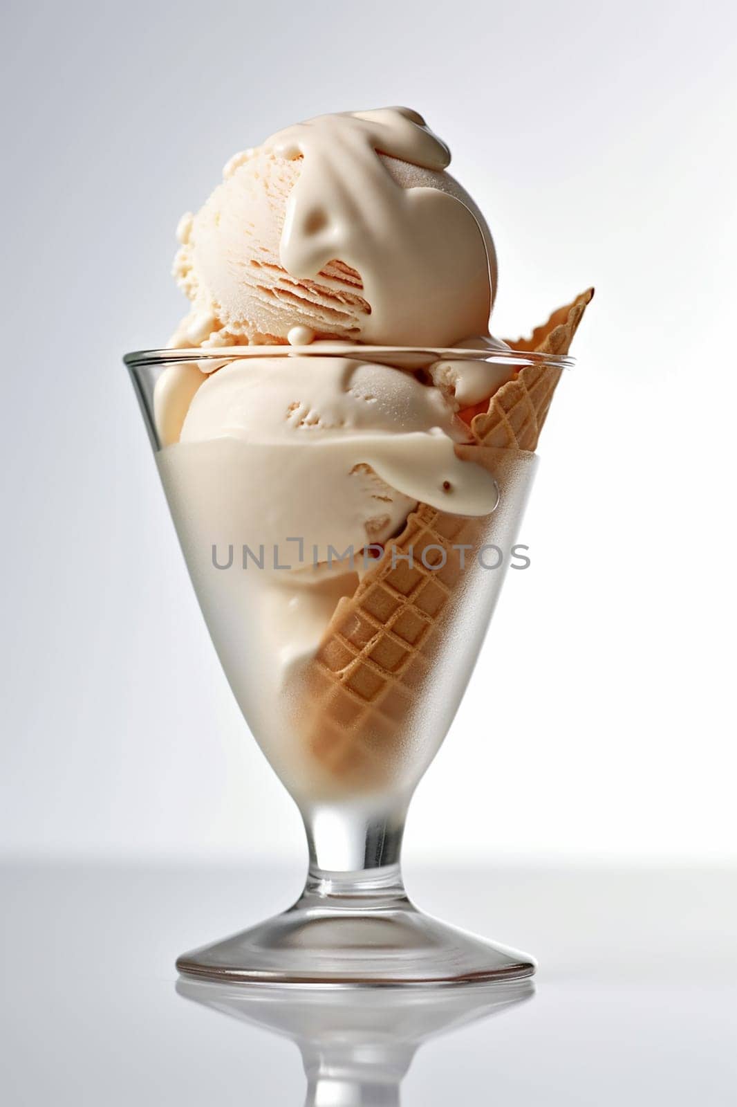 Creamy vanilla ice cream served in a clear glass sundae dish