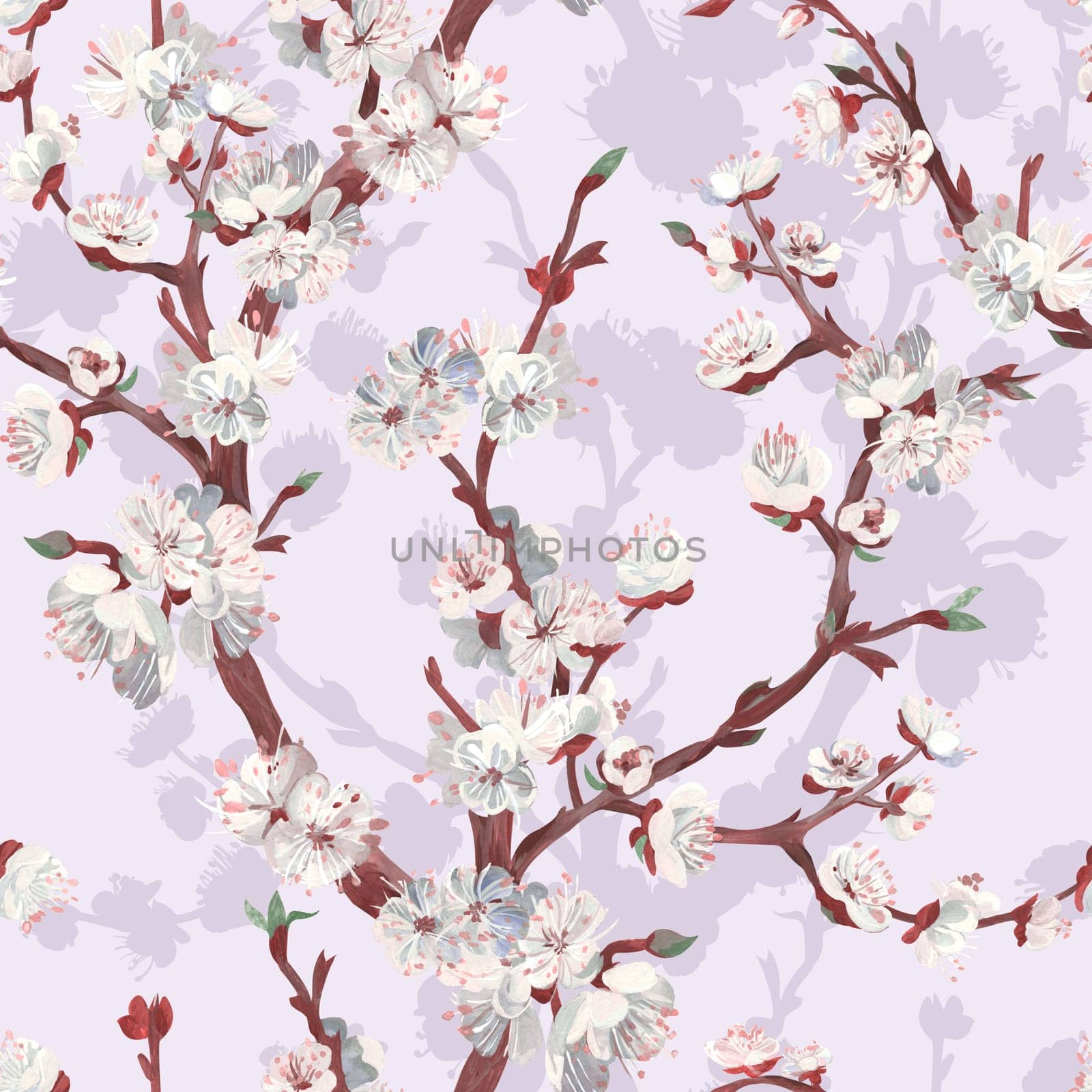 Botanical seamless pattern with sakura cherry branch drawn in gouache by MarinaVoyush