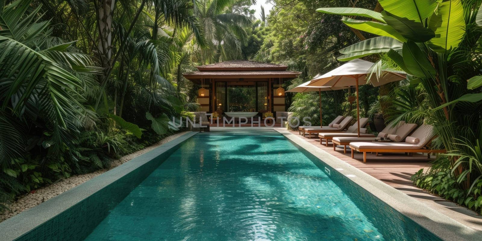 A luxurious spa retreat in a tropical setting, serene pool, lush greenery, embodying relaxation and wellness. Resplendent.