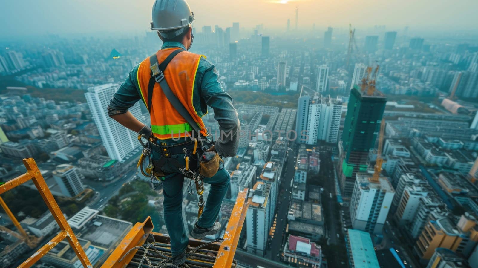 A construction worker stands atop a skyscraper, surrounded by the mesmerizing city landscape, under a cloudy sky with water glittering in the distance. AIG41