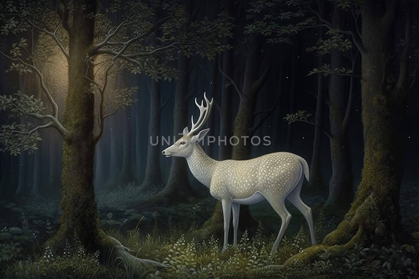 White deer in dark forest. Generate Ai by ylivdesign