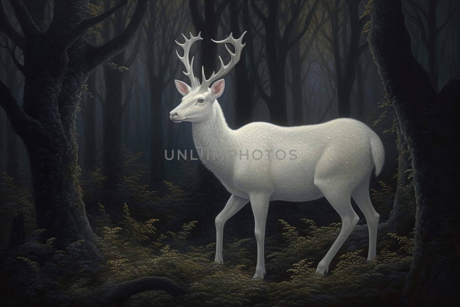 White deer in magical forest. Wild mammal. Generate Ai