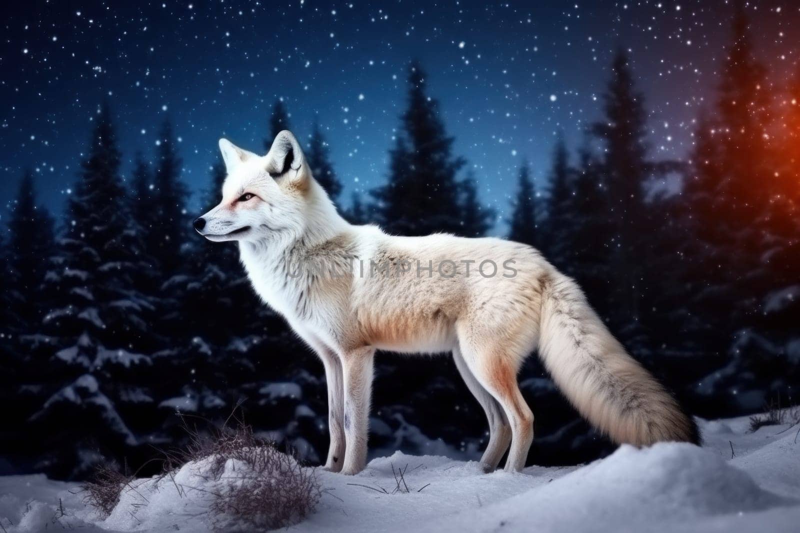 White fox in night sky. Generate Ai by ylivdesign