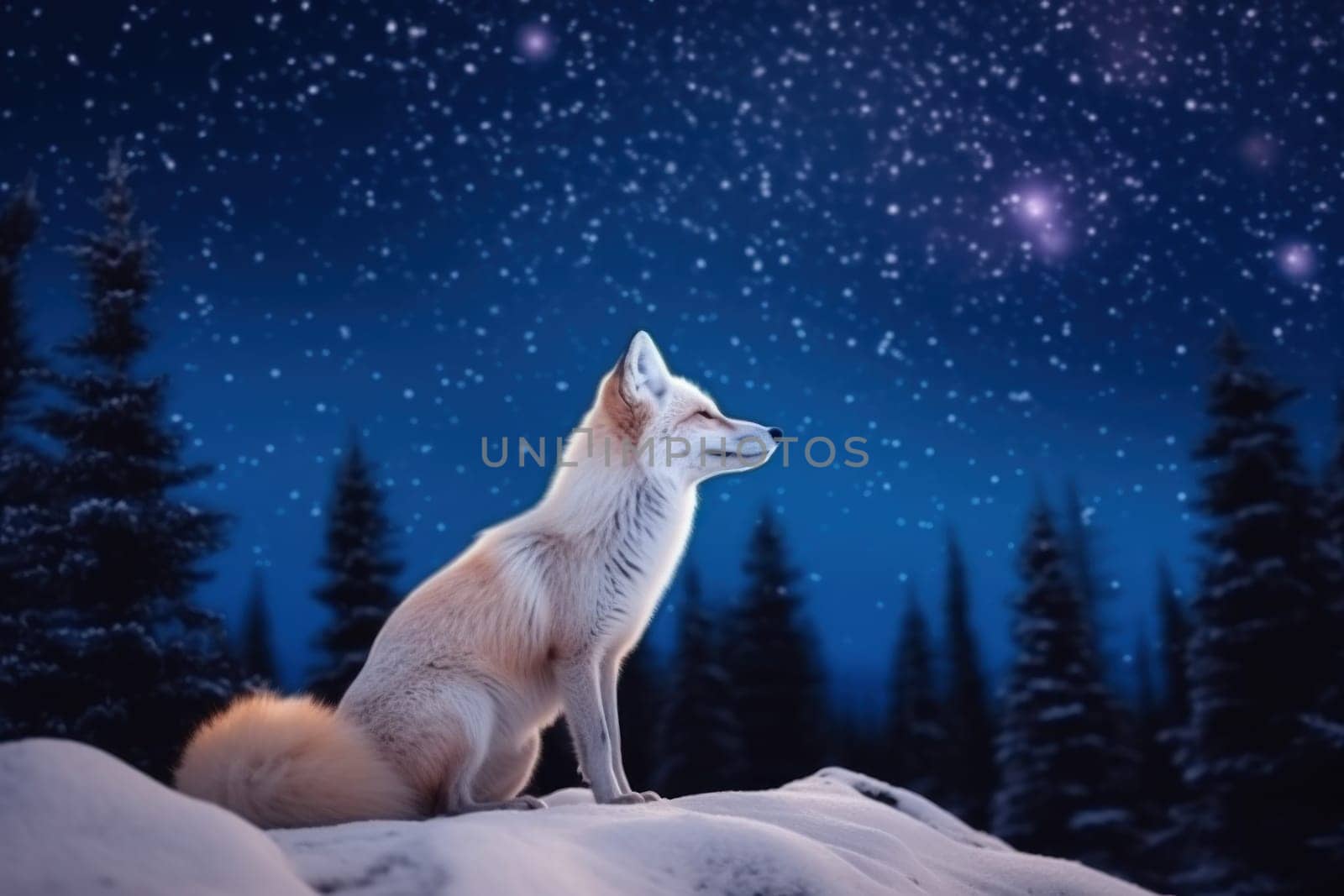 White fox looking at the sky. Mammal feline. Generate Ai
