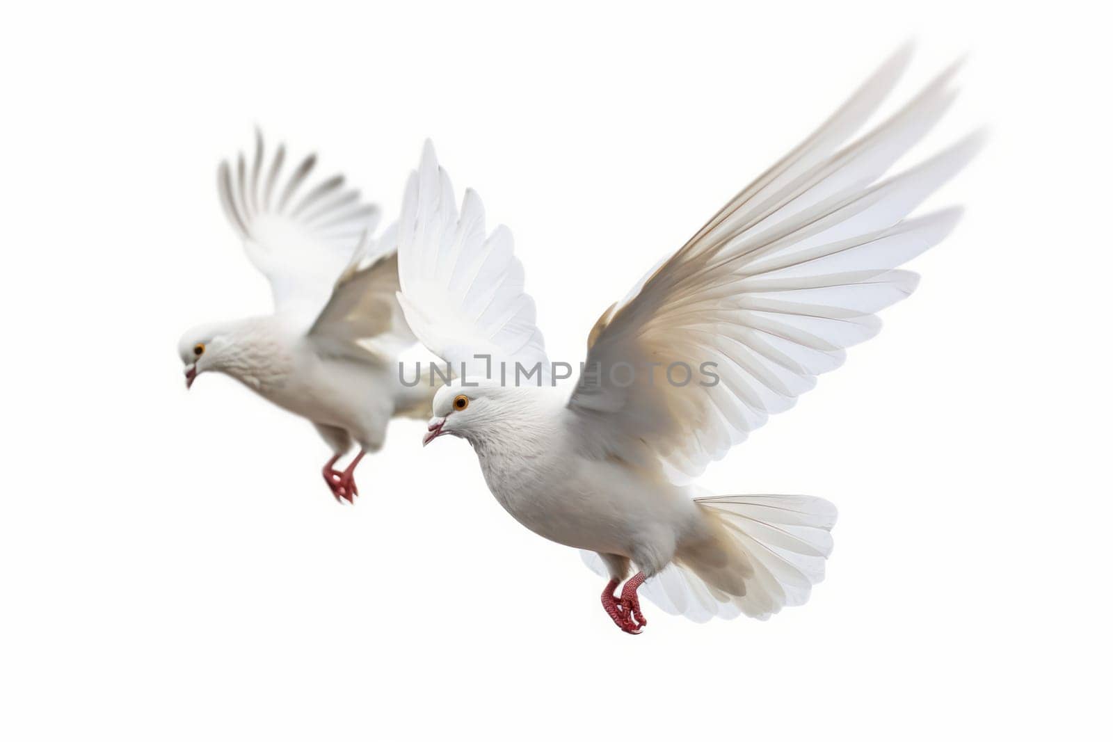 White pigeons isolated on white background. Freedom bird. Generate Ai