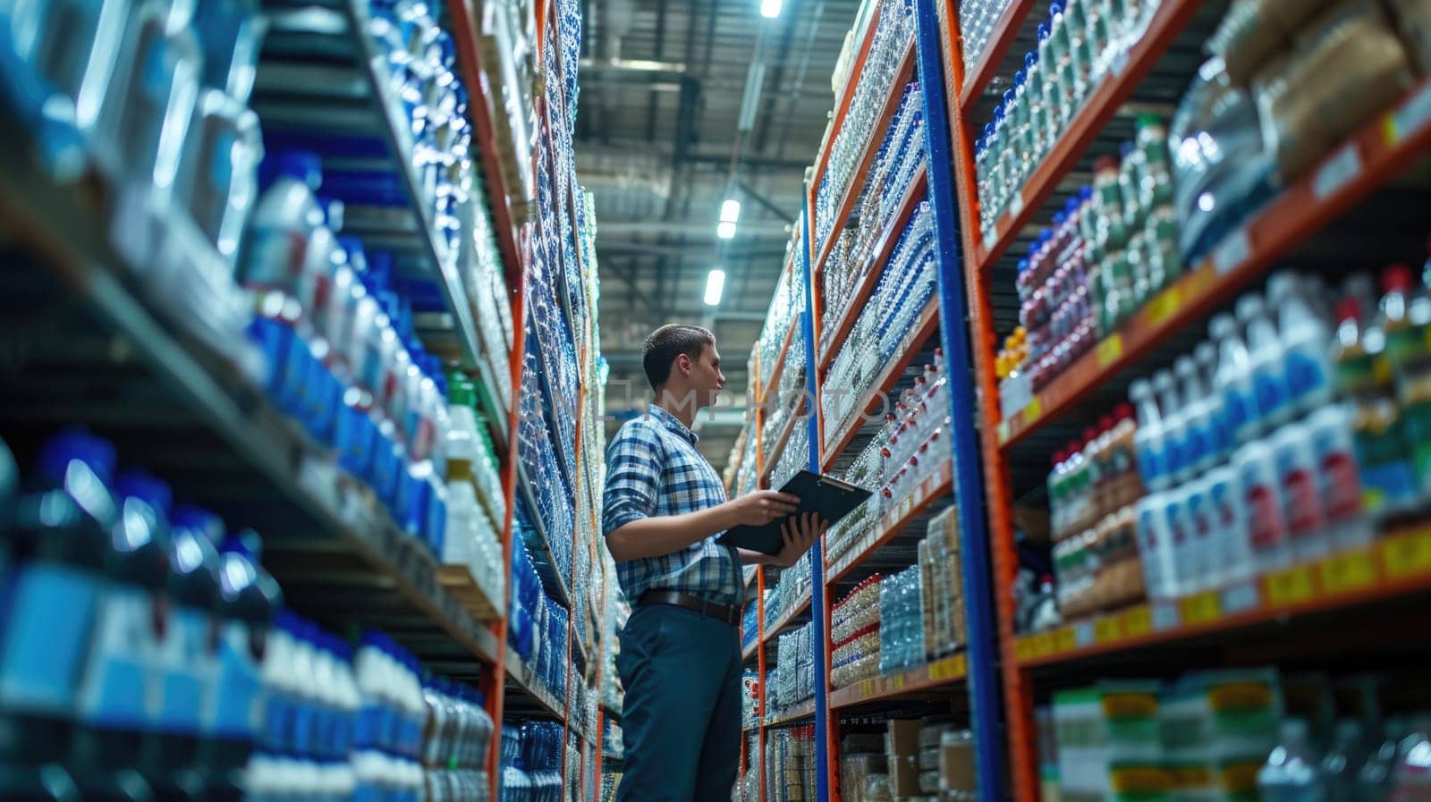 Customer using tablet in retail warehouse with metal shelving and wood flooring. AIG41 by biancoblue