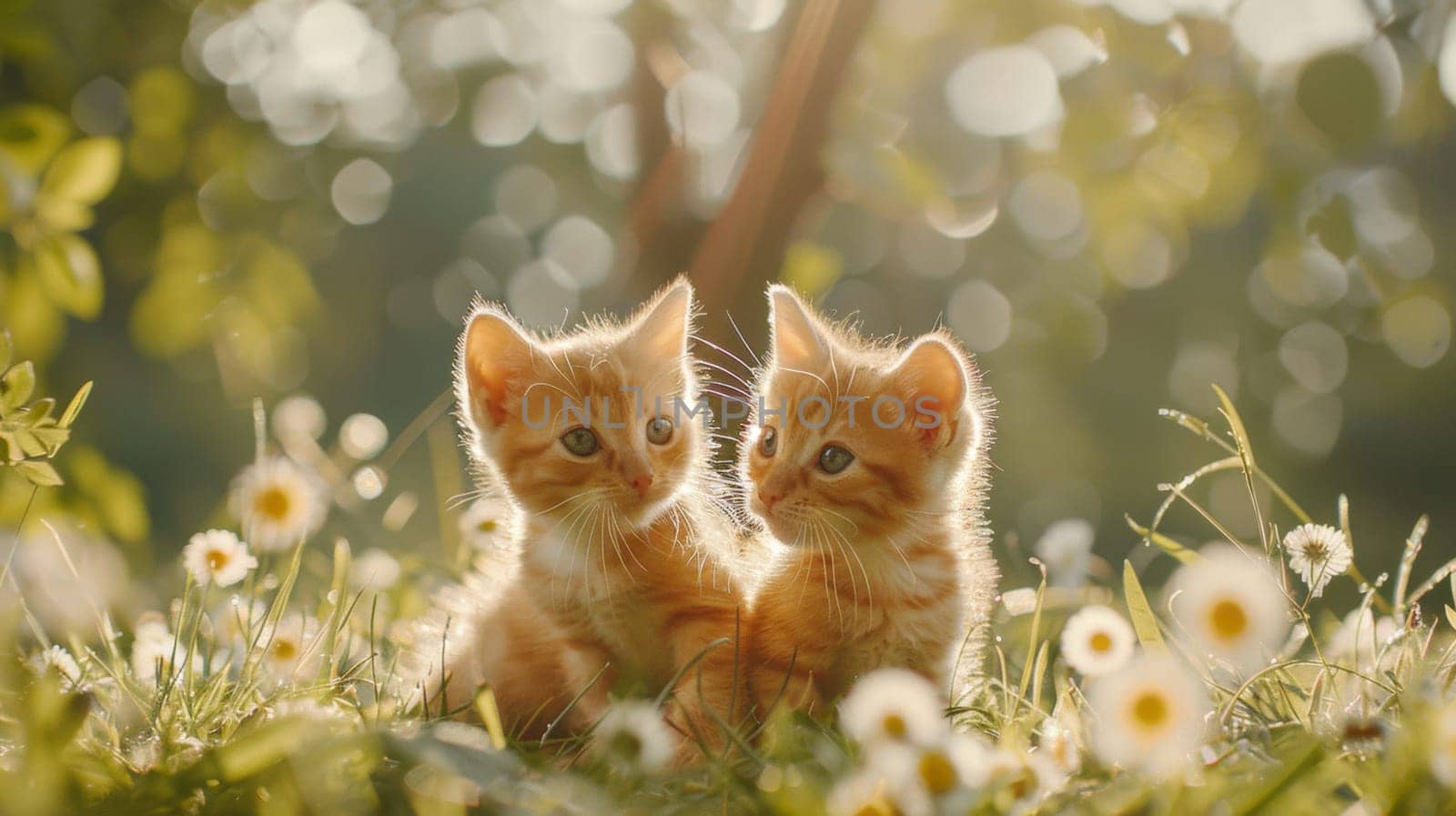 Two kittens are sitting in the grass looking at each other