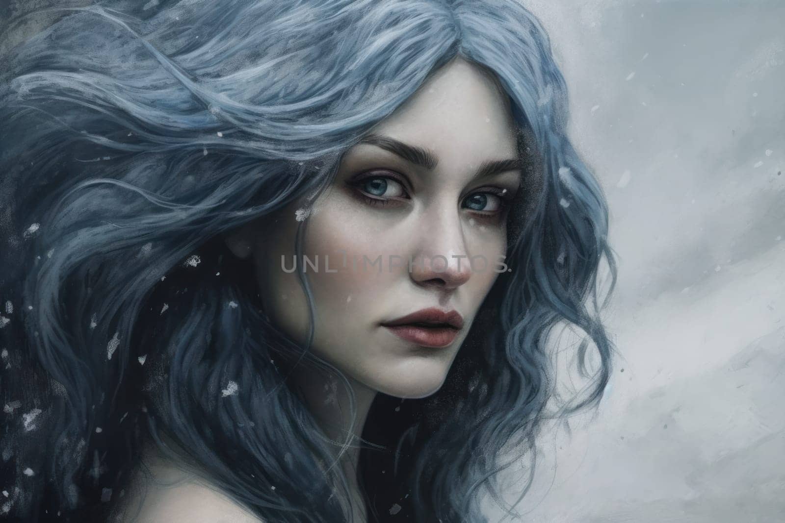 Woman blue hair snow. Fashion beauty. Fictional person. Generate Ai
