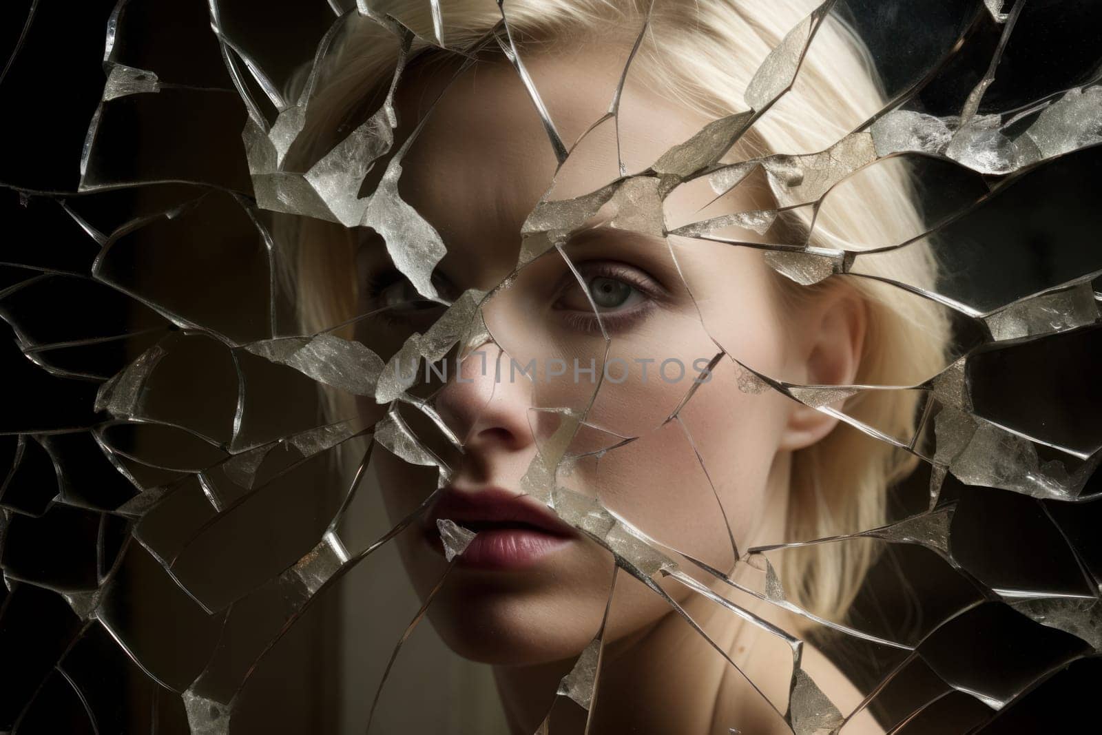 Woman broken glass. Person look. Fictional person. Generate Ai