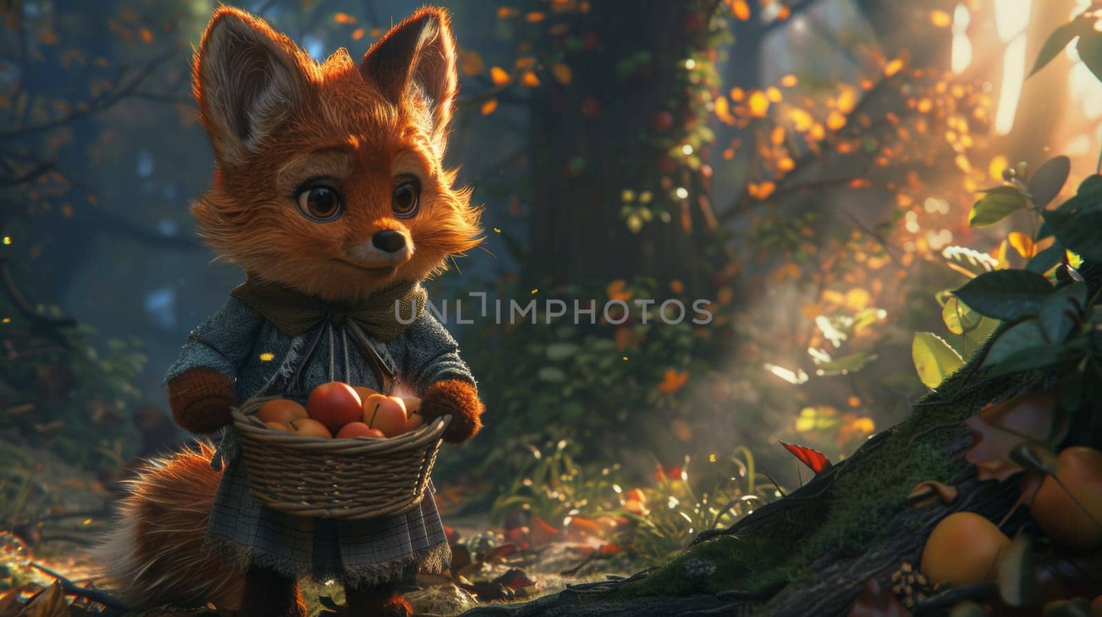 A cartoon fox holding a basket of apples in the woods