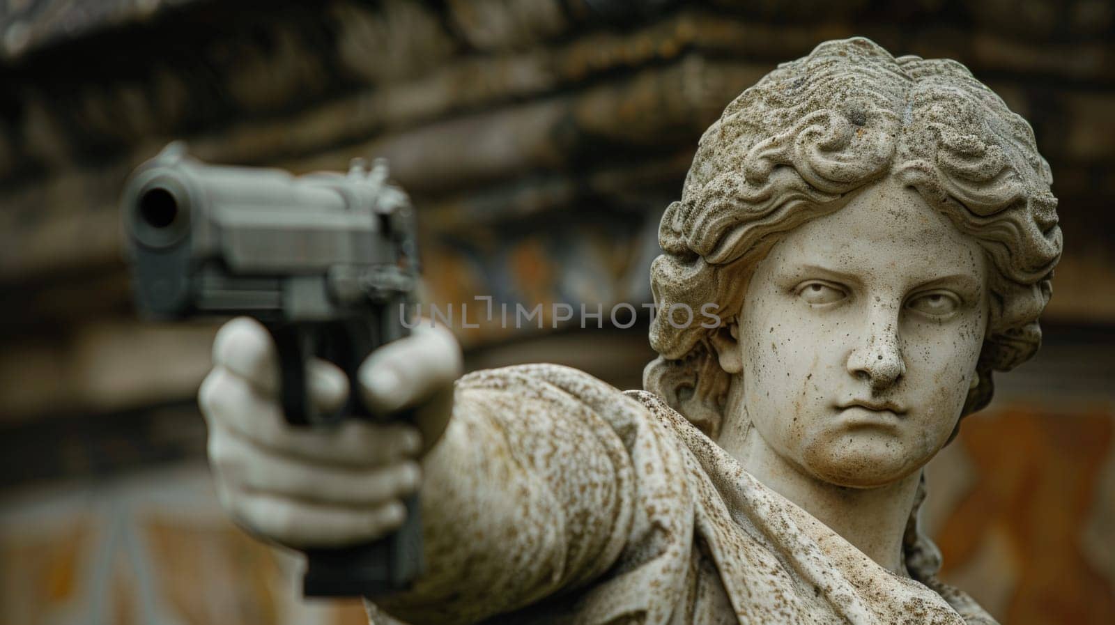 A statue of a woman holding up her hand with gun