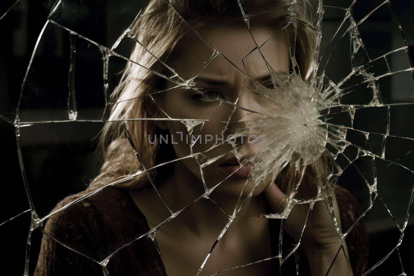 Woman broken glass window. Generate Ai by ylivdesign