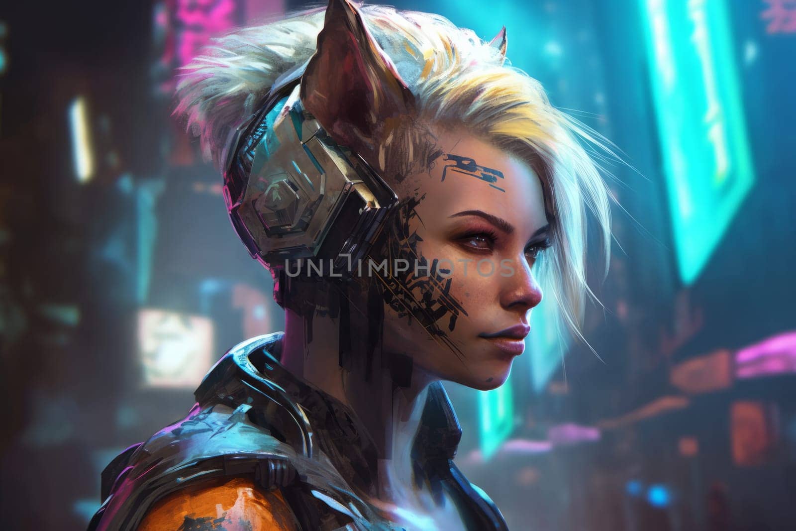 Woman neon cat. Girl light. Fictional person. Generate Ai