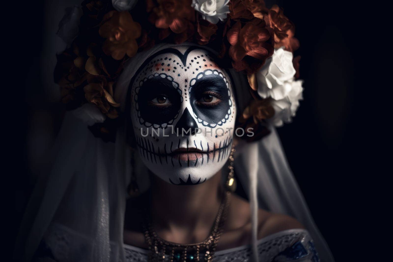 Woman skull holiday makeup. Sexy art. Fictional person. Generate Ai