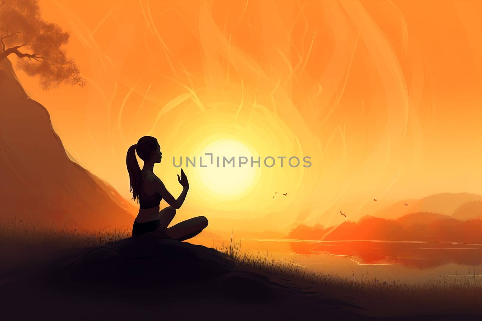 Woman yoga sunset. Generate Ai by ylivdesign