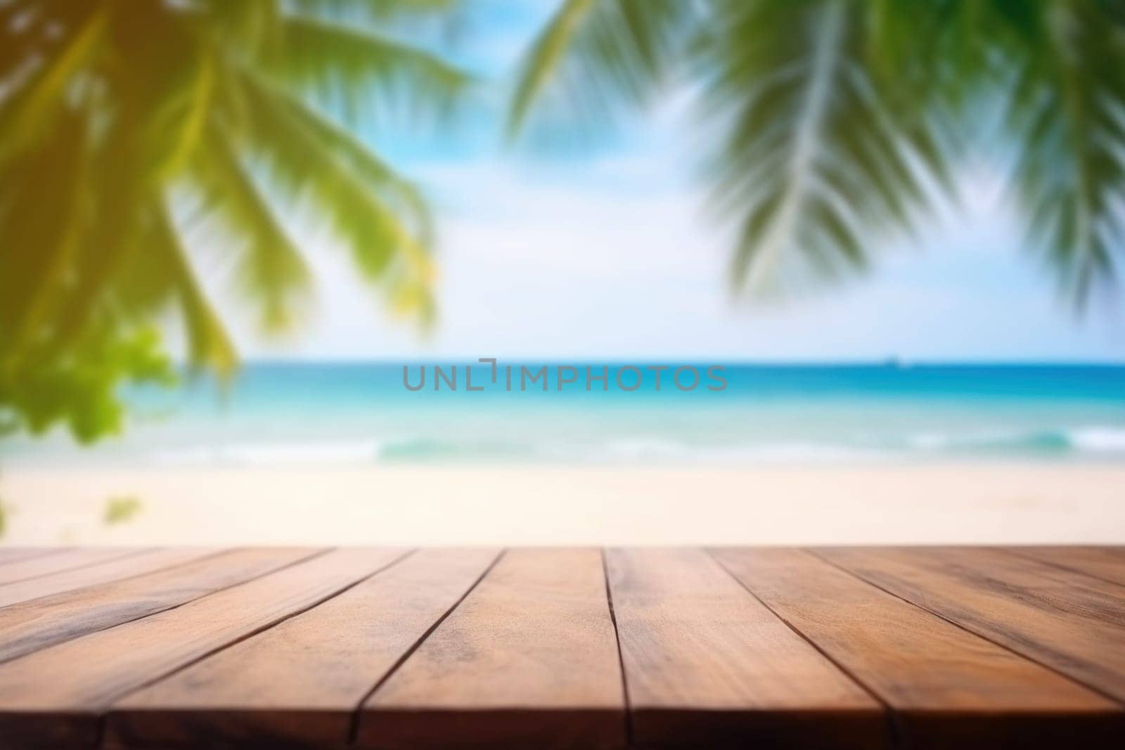 Summer sky wooden table. Tropical beach. Generate Ai