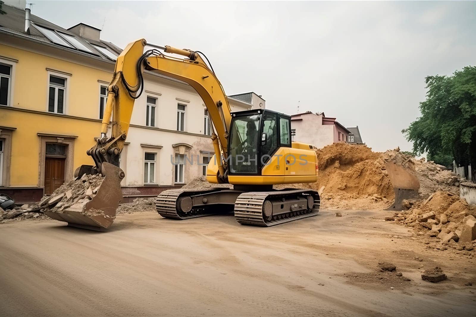 Yellow excavator removes. Industrial digger. Generate Ai