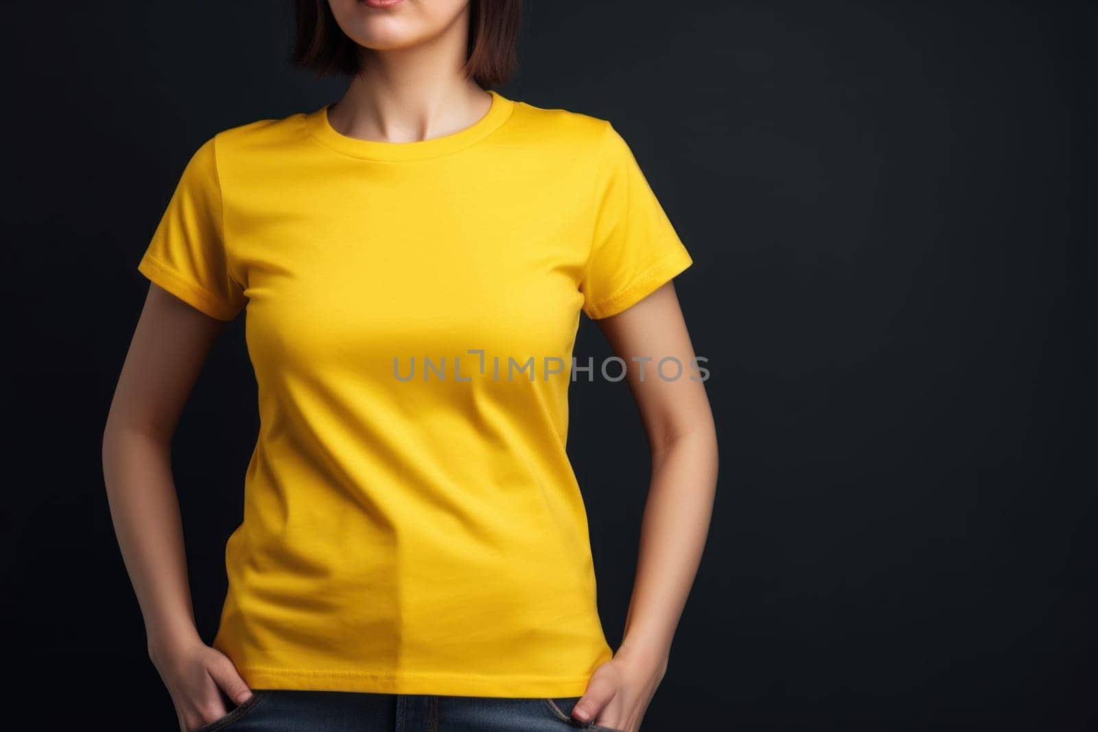 Yellow tshirt mockup female. Generate Ai by ylivdesign