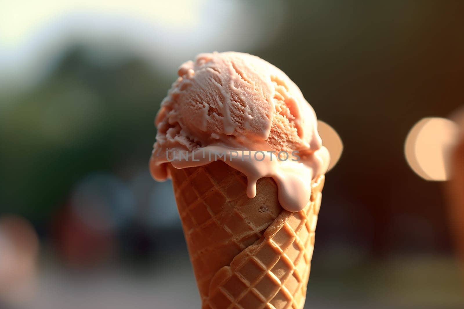 Close-up of a melting ice cream cone held outdoors.