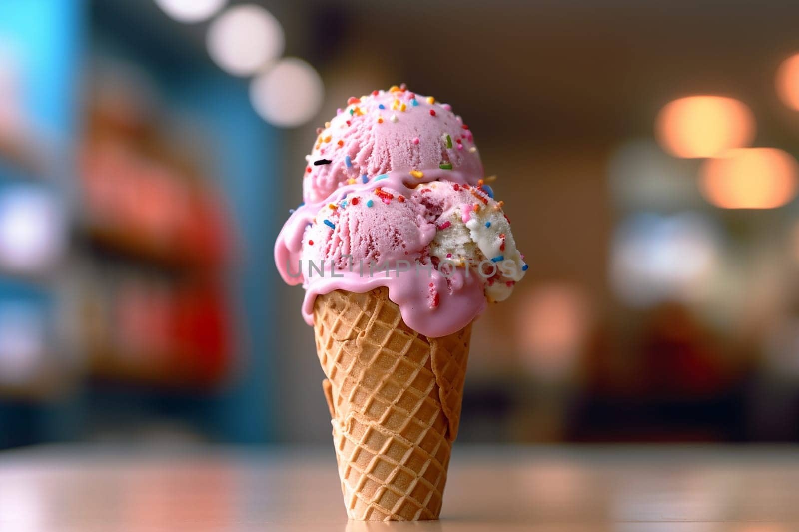 Melting ice cream cone with colorful sprinkles on blurred background.