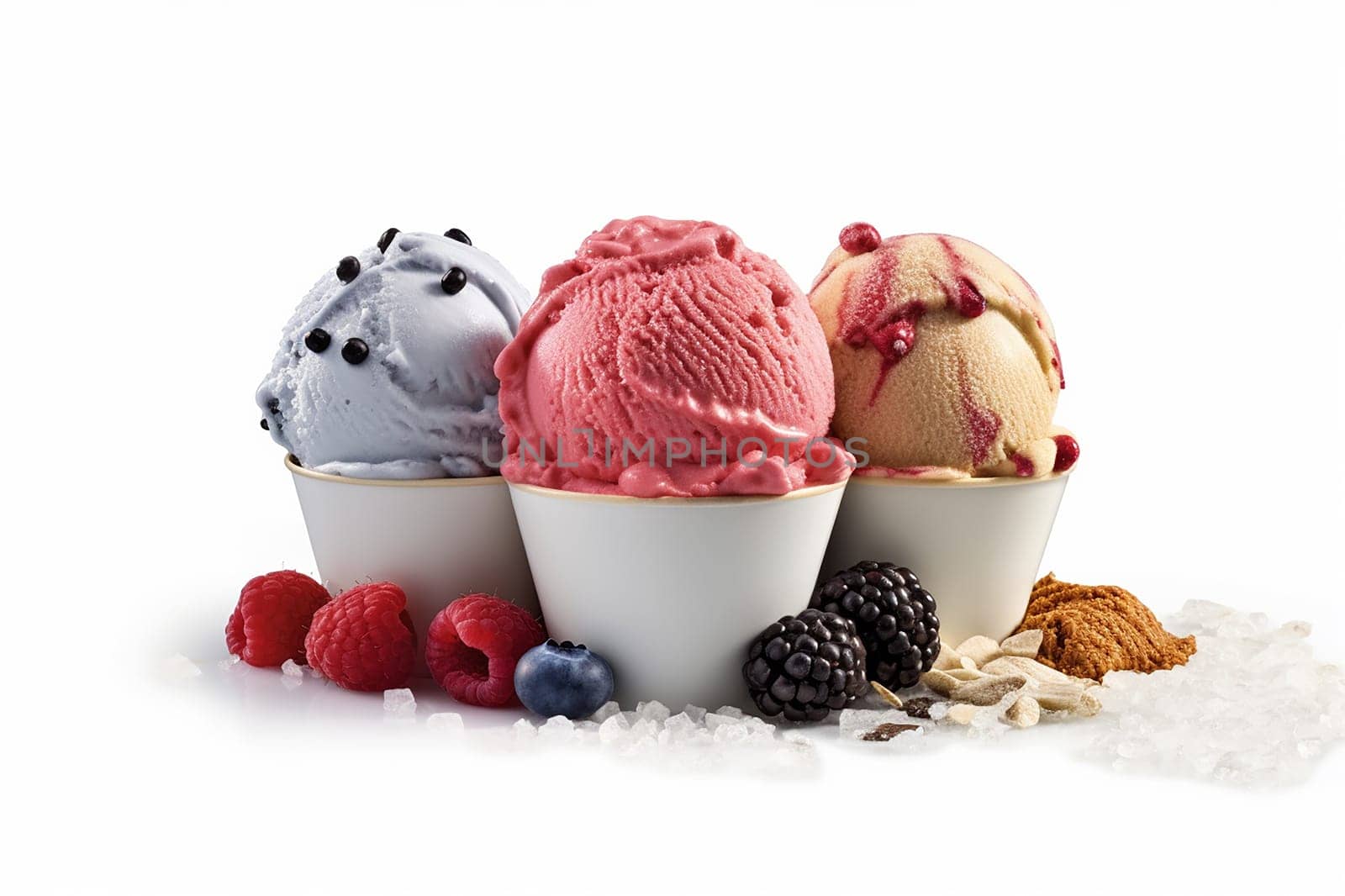 Three scoops of ice cream with berries and nuts on white background