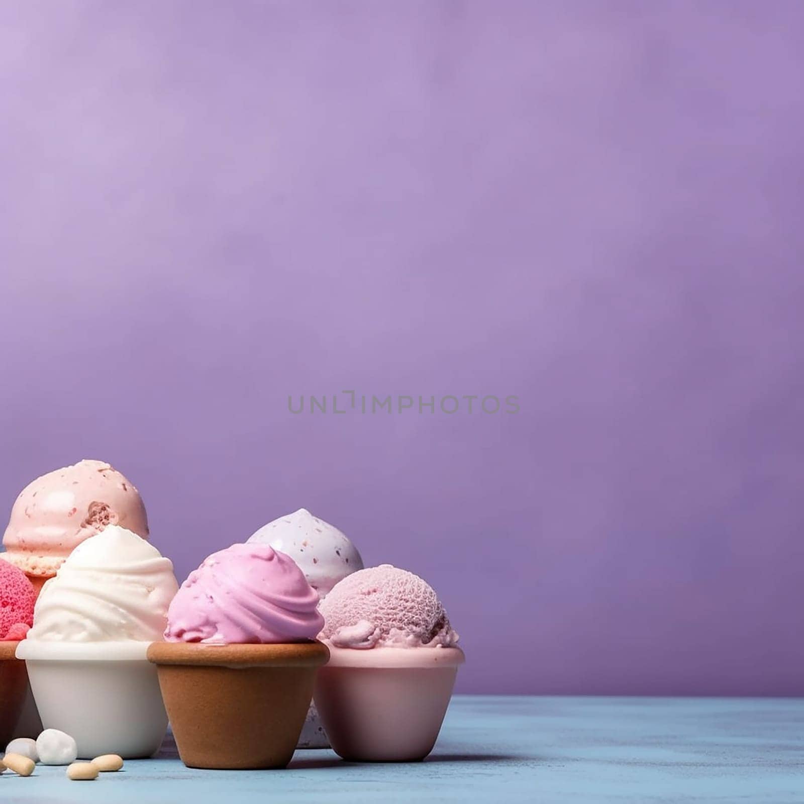 Assorted ice cream scoops in cups against a purple backdrop.