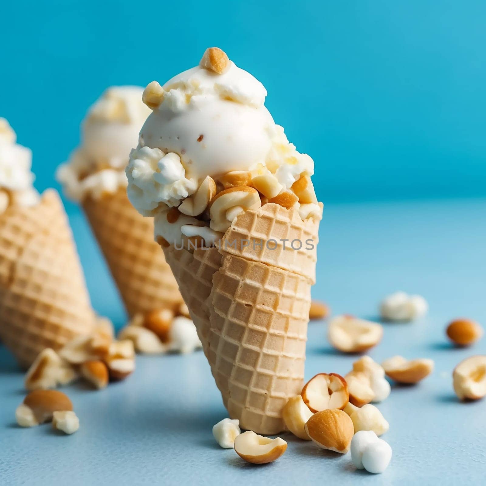 Vanilla ice cream cones with popcorn on a blue background