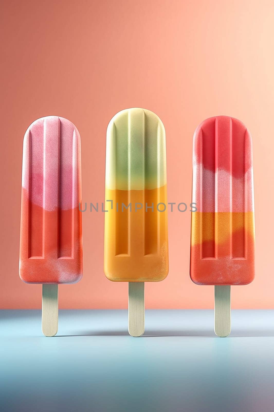 Three striped popsicles with different color patterns on a gradient background