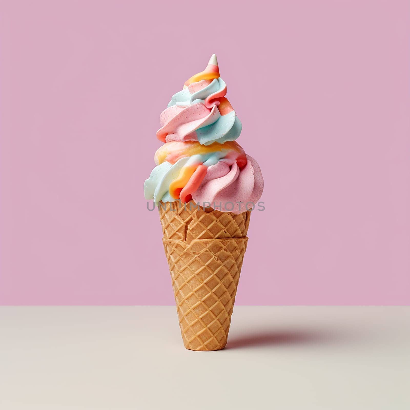 Multi-colored soft serve ice cream in a waffle cone against a pink background