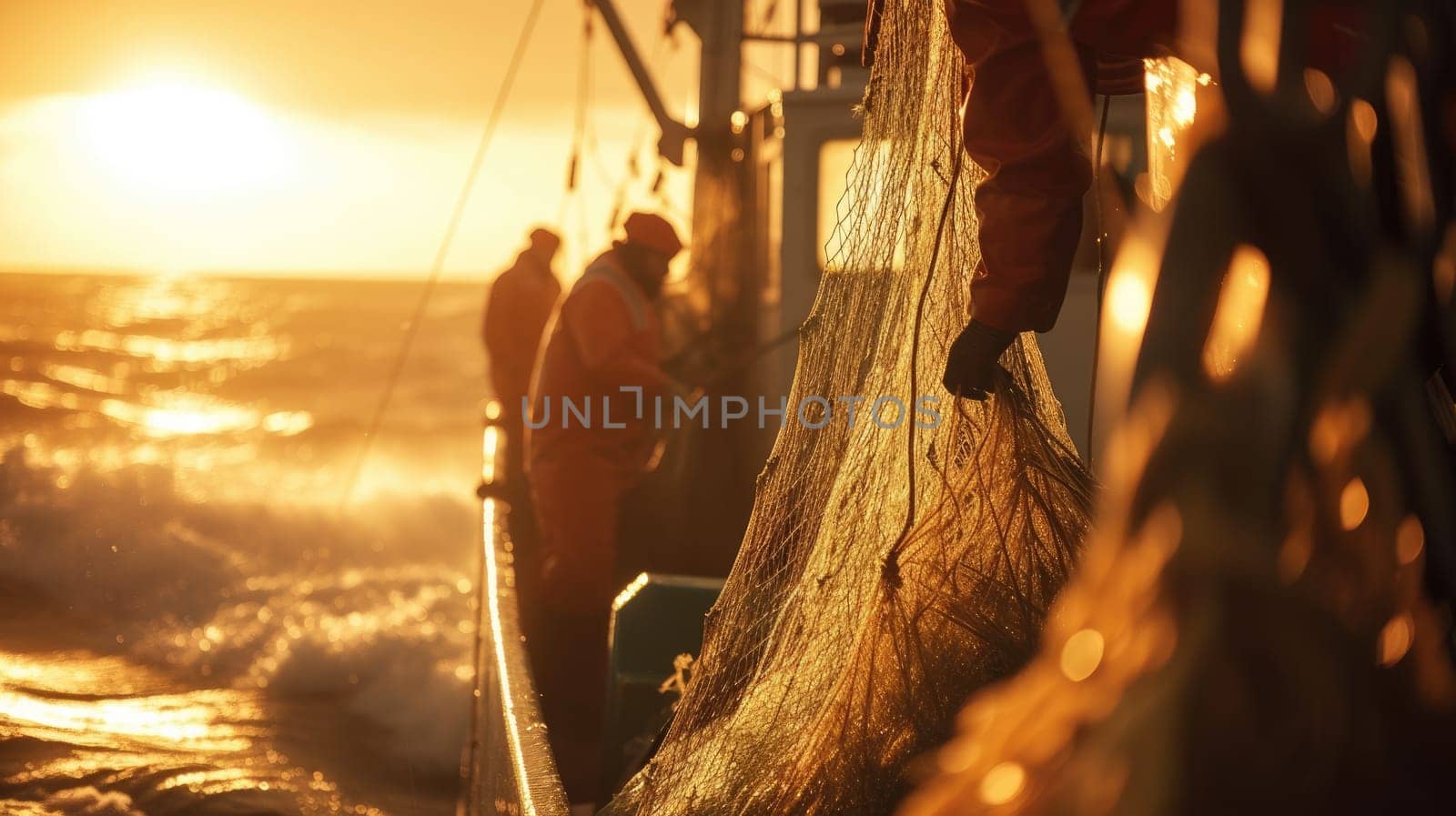 A group of fishermen enjoying the sunset while standing on a boat in the middle of the ocean, surrounded by water and the vast sky above. AIG41