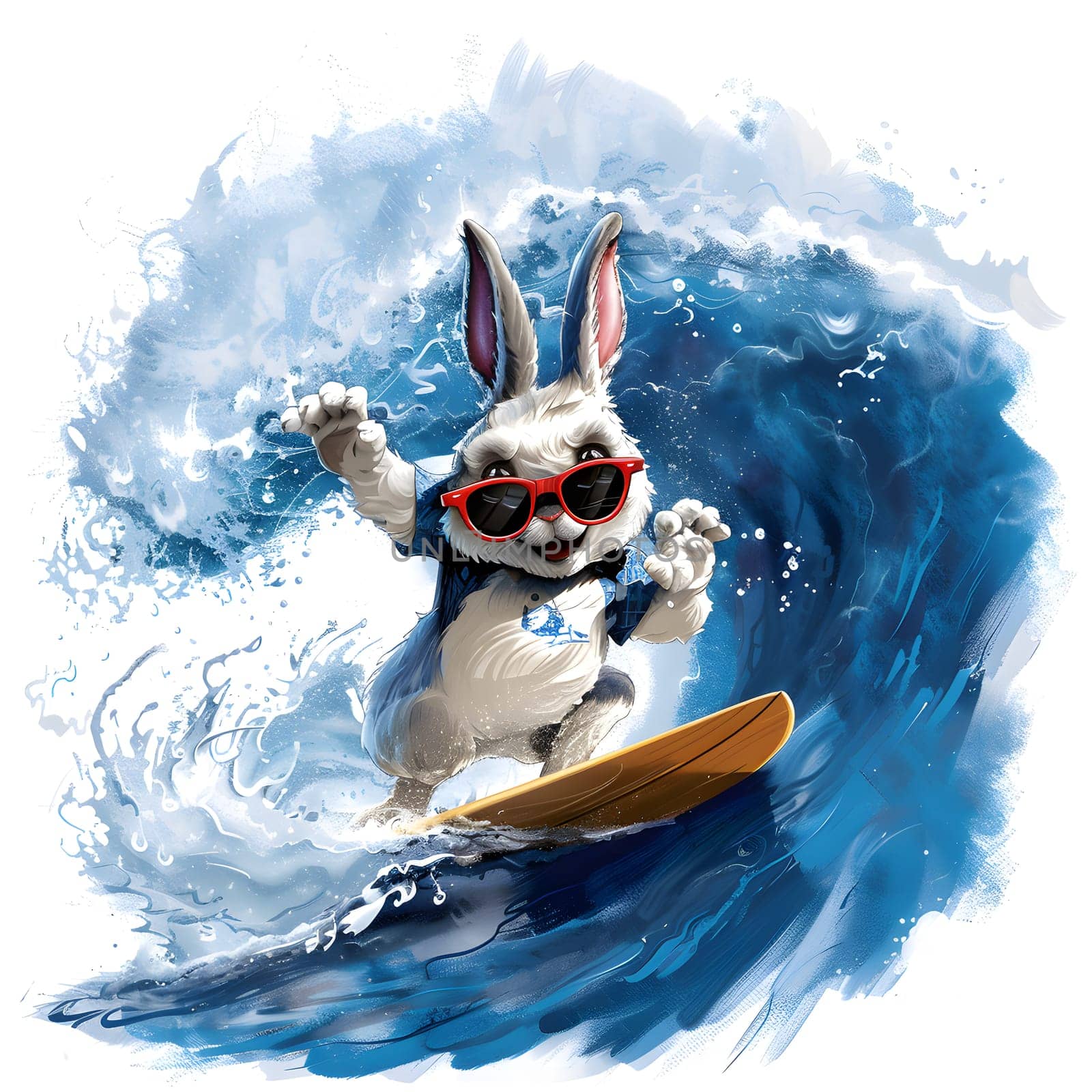 A happy rabbit, a vertebrate carnivore, is surfing a wind wave while wearing sunglasses. This illustration displays the recreation of water sports in an artistic painting