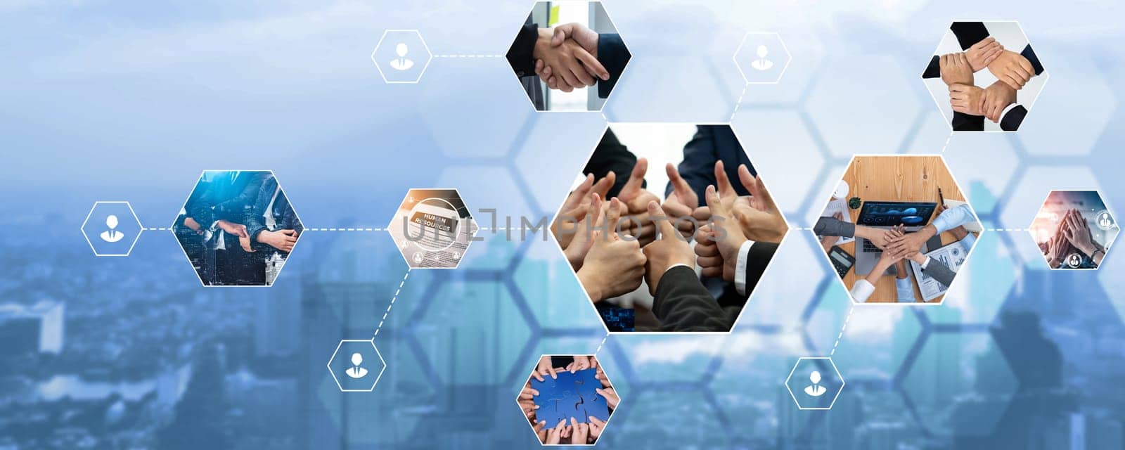 Teamwork and human resources HR management technology concept in corporate business with people group networking to support partnership, trust, teamwork and unity of coworkers in office kudos