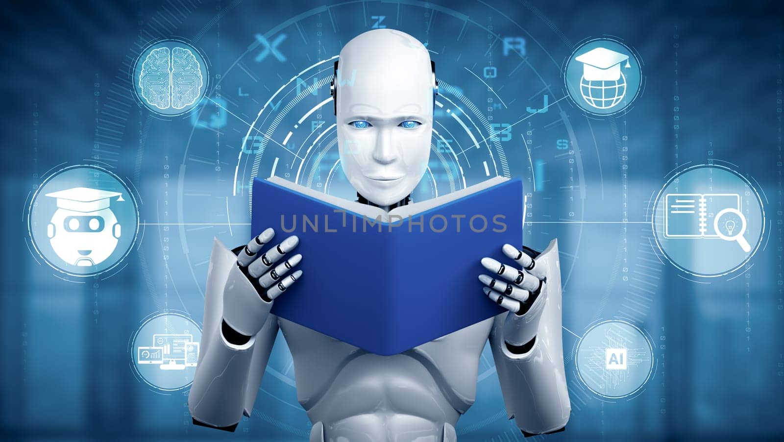 XAI 3d illustration 3D illustration of robot humanoid reading book in concept of future artificial intelligence and 4th fourth industrial revolution.