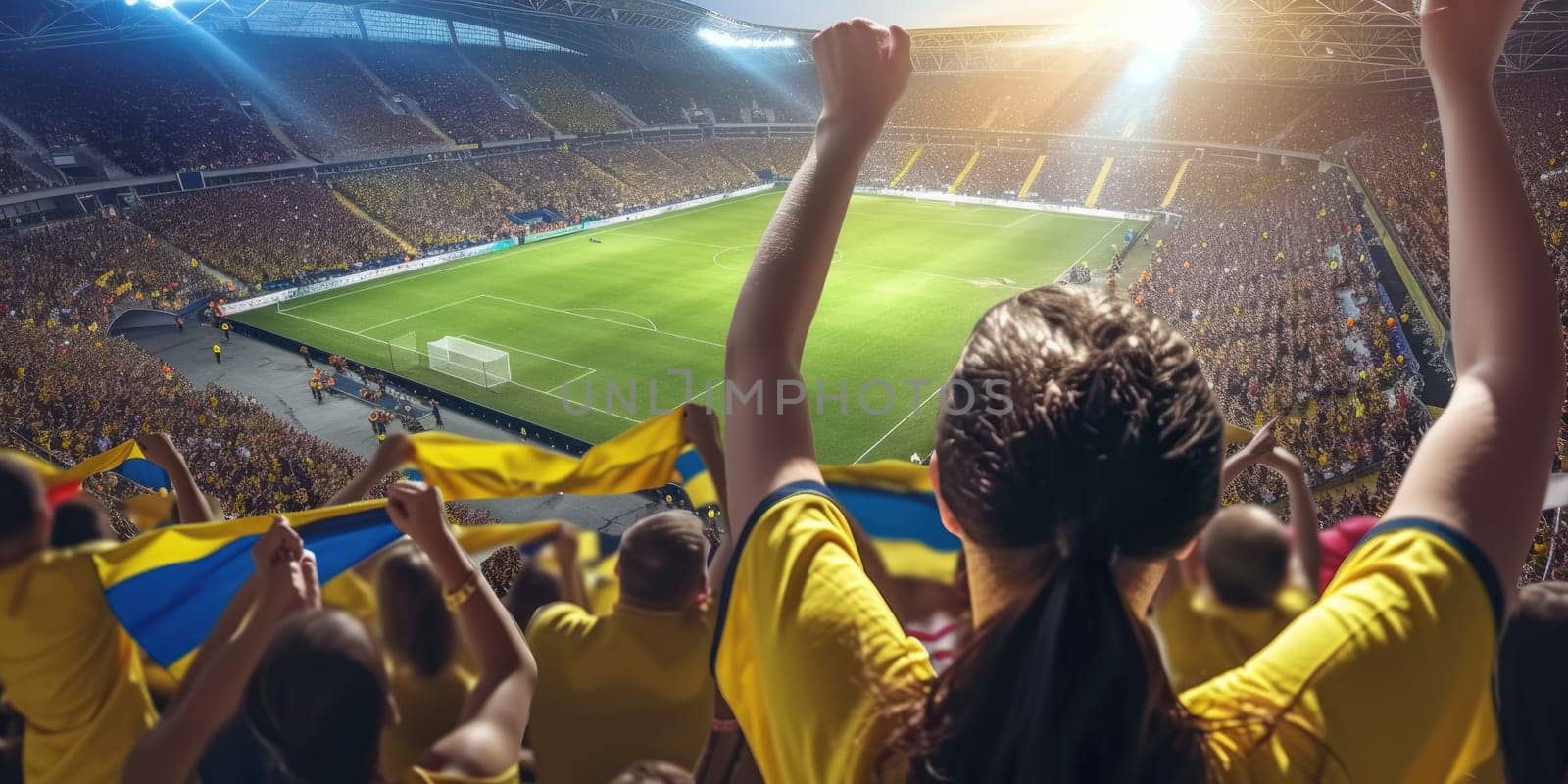 A fan wearing a yellow jersey exhibits a gesture of joy and excitement in a world stadium, enjoying leisure and fun while watching a team sport ball game. AIG41