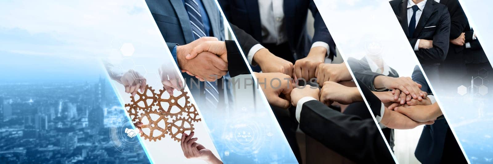 Teamwork and human resources HR management technology concept in corporate business with people group networking to support partnership, trust, teamwork and unity of coworkers in office kudos