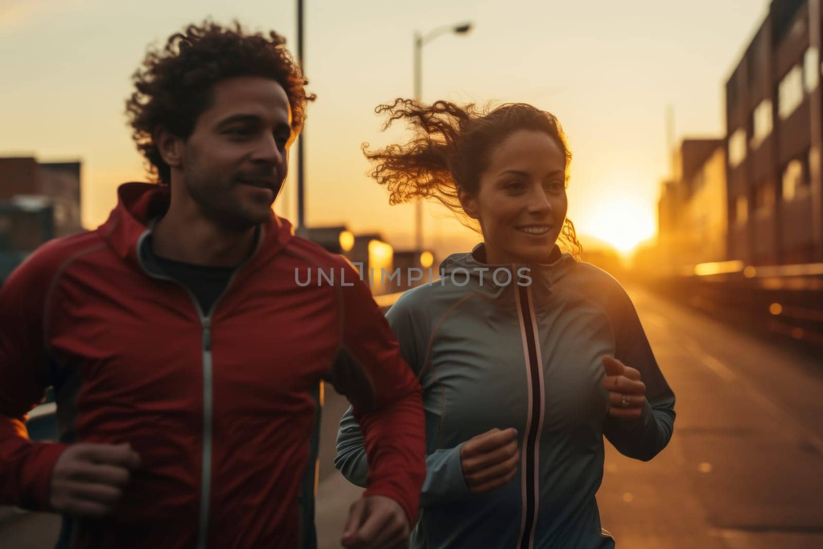 Man and woman jogging at sunset in urban environment. Healthy lifestyle and fitness concept. Outdoor exercise and running theme for design and editorial
