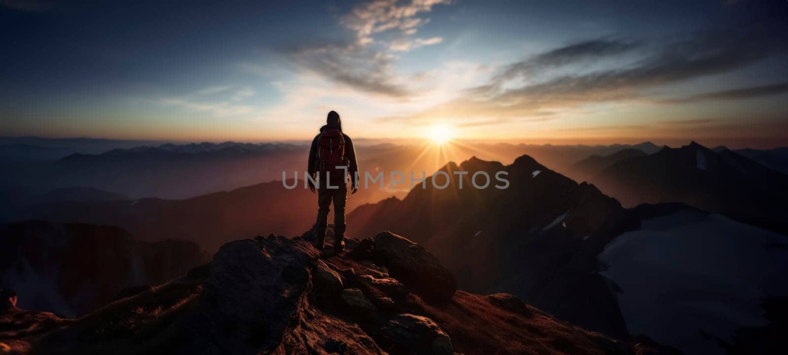 Adventurer standing on mountain peak at sunrise. Exploration and adventure concept. Nature and wilderness theme for design and print