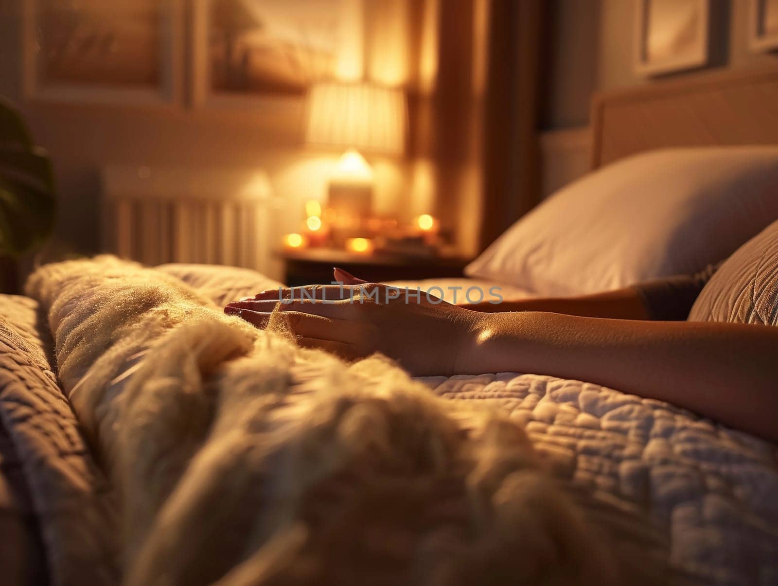 Close-up of a person's hand resting on a cozy bed with warm lighting. Interior lifestyle photography. Relaxation and comfort at home concept. Design for interior decoration, wellness blog