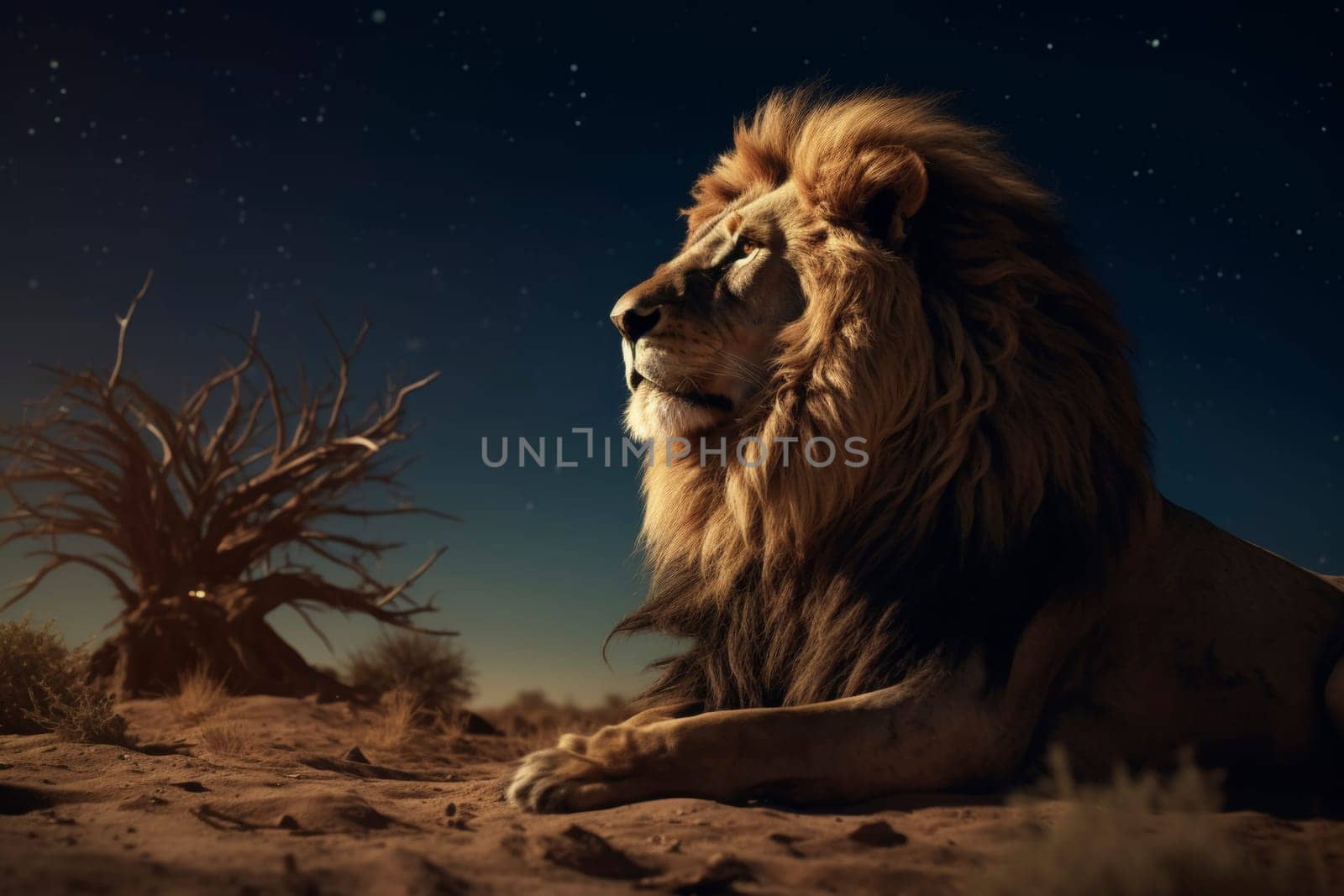 Majestic lion lying under starry night sky. Wildlife photography. African wilderness and animal kingdom concept for poster, banner, and educational use. Side view with space for text