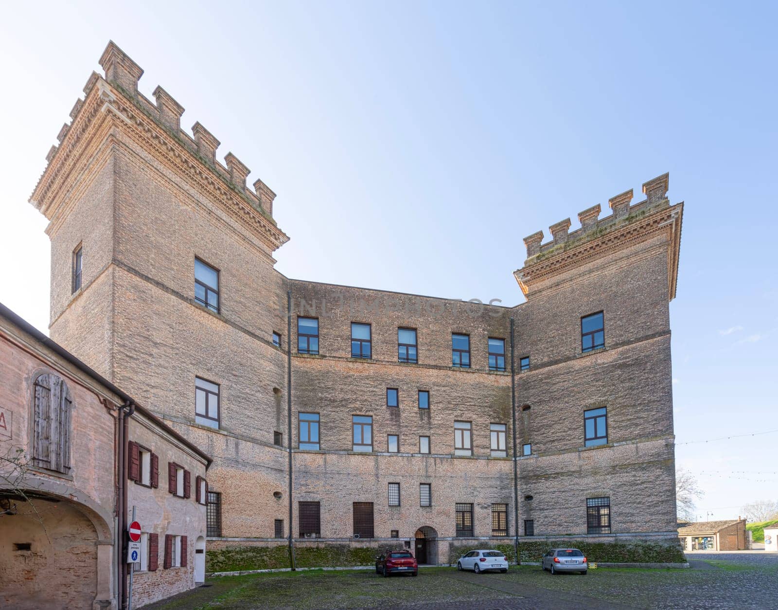 Mesola, Italy. February 25, 2024.  Exterior view of the ancient Mesola Castle in the town center
