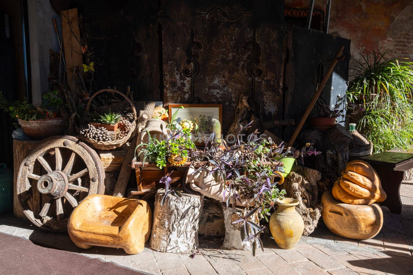Ancient objects and plants collected outside a courtyard of an old rural house in northern Italy